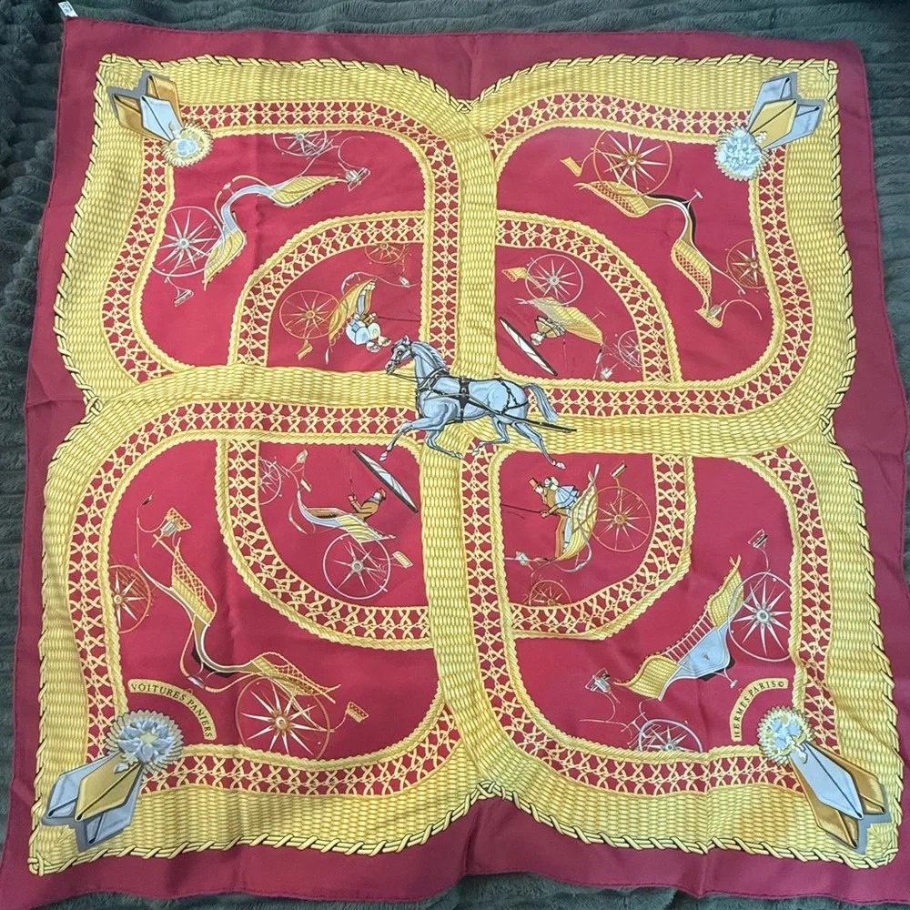 Hermes Red and Gold Equestrian Motif Silk Scarf - Picture 1 of 7
